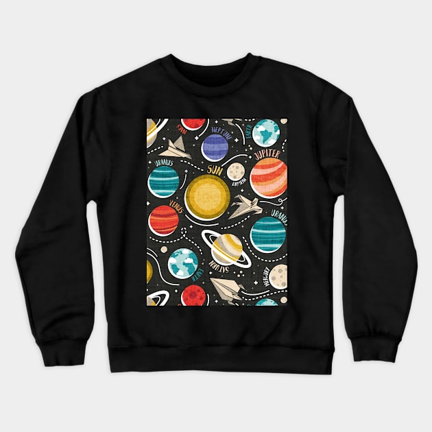 Paper space adventure II // pattern // black background multicoloured solar system paper cut planets origami paper spaceships and rockets Crewneck Sweatshirt by SelmaCardoso